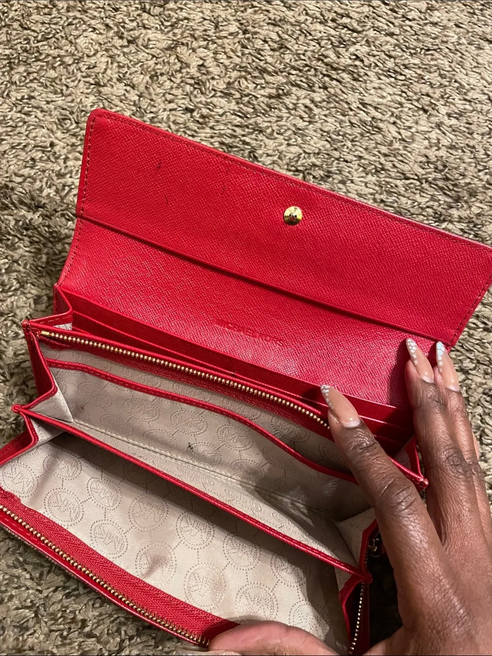 Michael Kors Brown MK Logo Continental Wallet with Red Trim